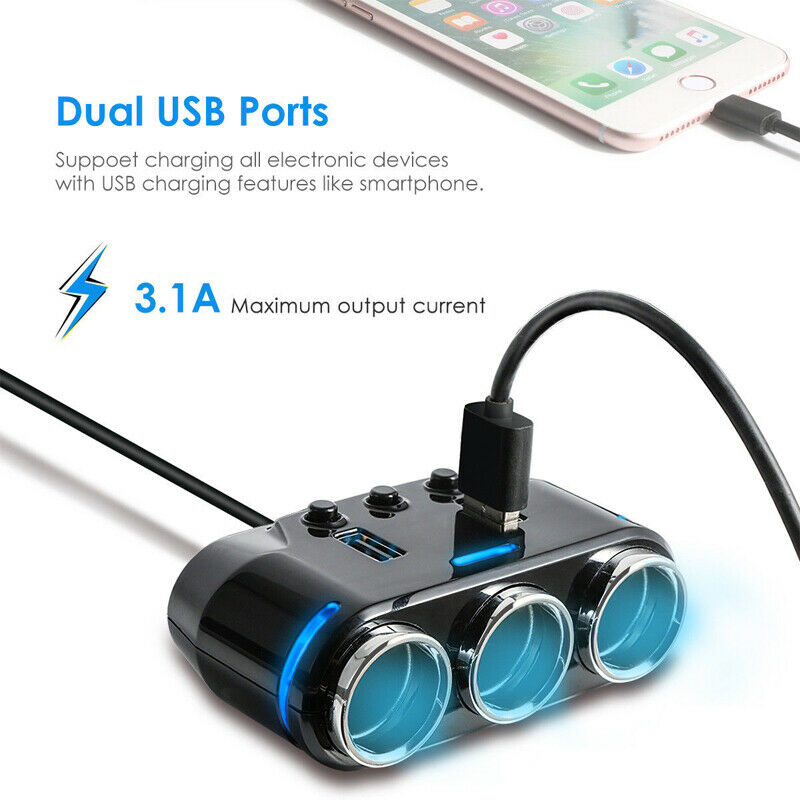 3 Way Cigarette Lighter Socket Splitter Power Adapter Dual USB Car Phone Charger