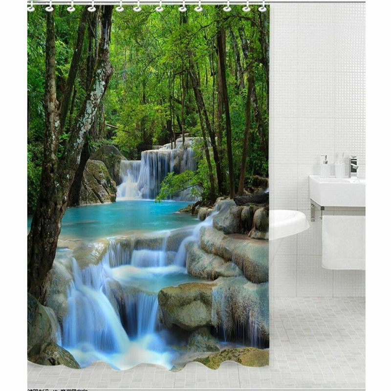 Polyester Waterfalls Nature Landscape Shower Curtain Hook Set Washable