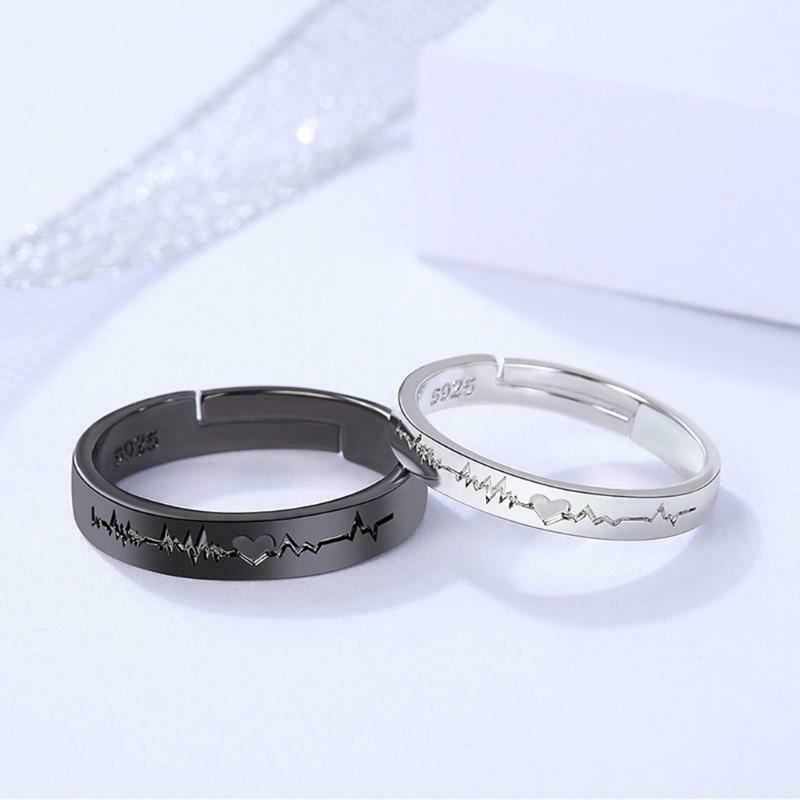 1Pair Fashion Couples Love Ecg Ring Adjustable for Valentine's Day Birthday Gift
