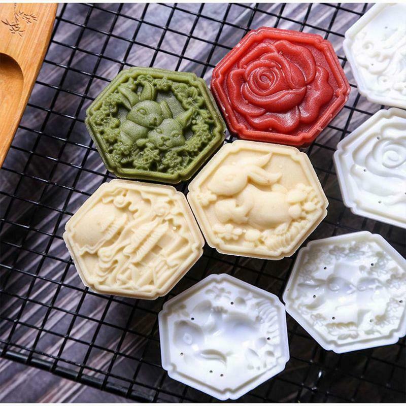 50g Mooncake Barrel Mold with 4pcs Square Flower Stamps Hand Press Moon Cake
