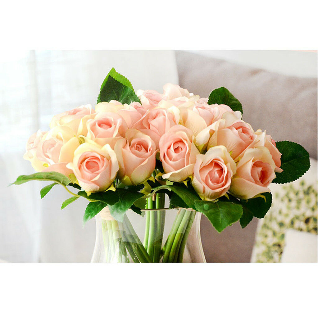 Artificial Roses Table Vase Arrangement Simulation Hand Tied Bouquet Pink