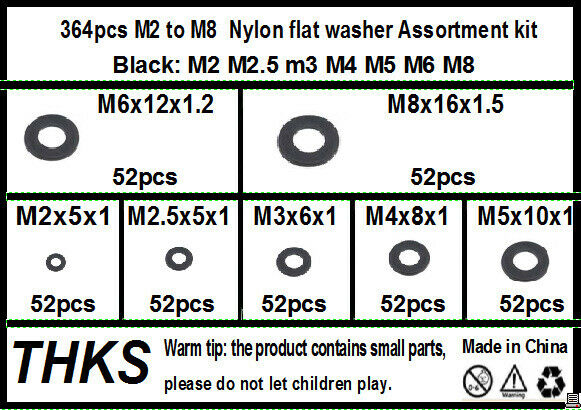 M2-M8  A Total of 7 Sizes, 364 Pieces of Black Nylon Rubber Flat Ring Washers