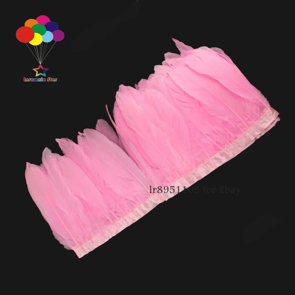 Fringe bleached Pink Goose Feather Trims with Satin Ribbon Tape for skirt 2Meter