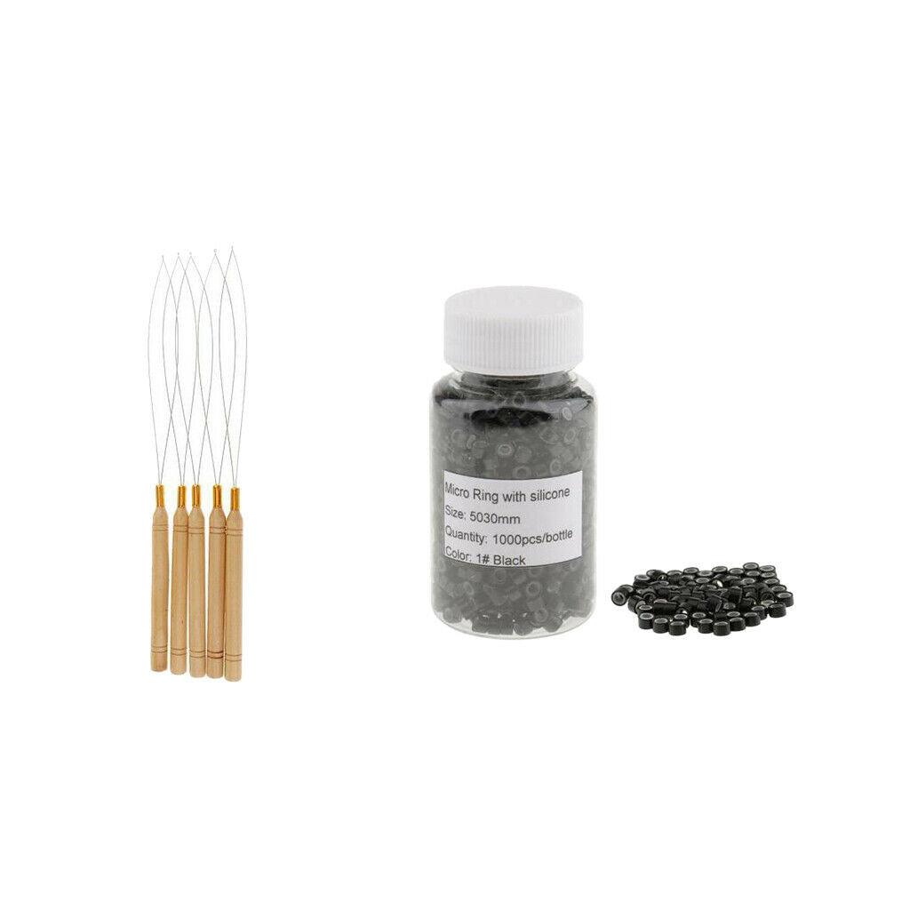 1000Piece Silicone Hair Extension Ring Beads+5Piece Wooden Handle Loop Hooks