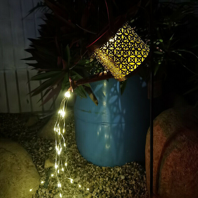 Iron Hollow Out Lamp Metal Solar Powered Watering Can Sprinkles Fairy Li KX