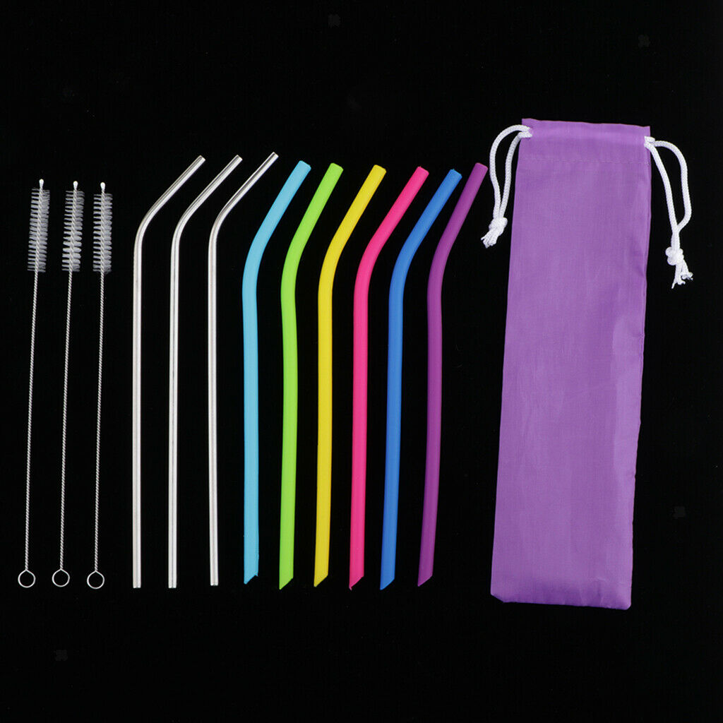 Set Of Drinking Silicone Straws Stainless Steel Straws, Long Flexible Straws