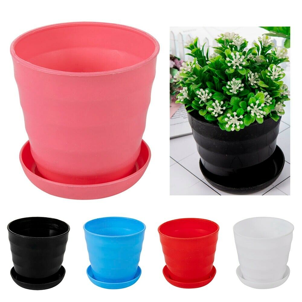 5-PACK Round Plastic Glossy Garden Plant Pots Flower Pots Planter Tub w/Tray Set