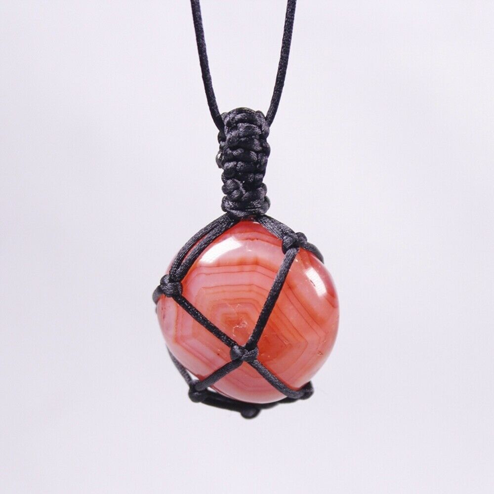 Natural Red Agate Pendant Rough Stone Large Grain Polished Handle Net Bag Woven