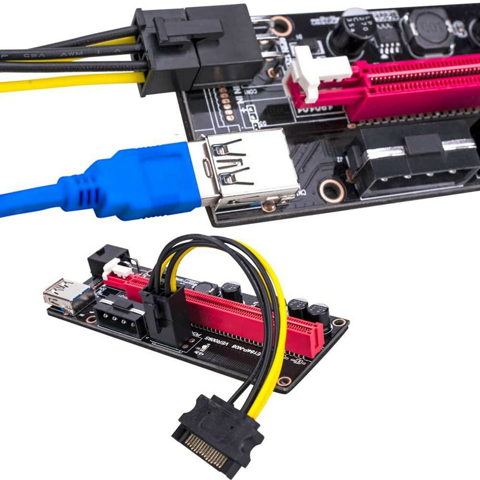 2Pcs PCI-E VER 009S 1x to 16x Graphic Extension USB 3.0 Adapter Card 2X 6PIN