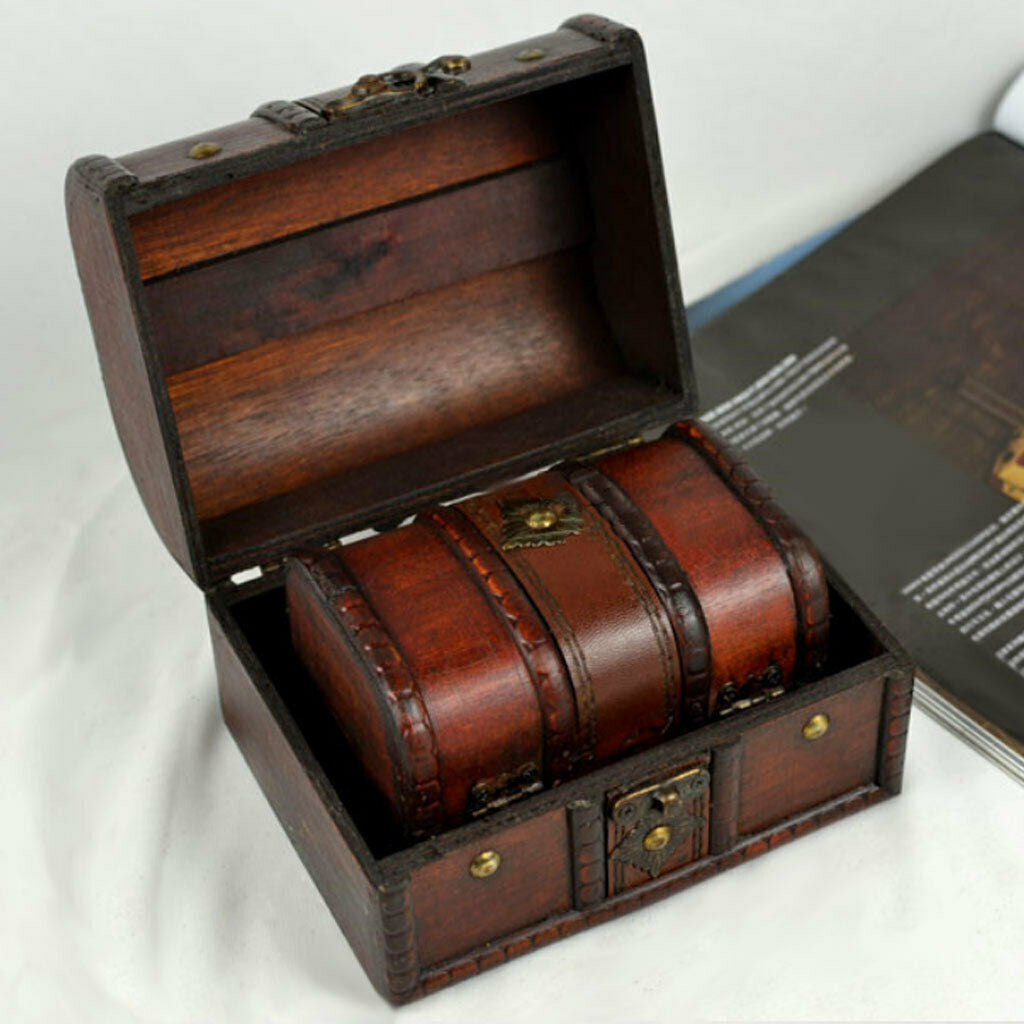 2pcs/Set Retro Wooden Lock Treasure Chests Jewelry Storage Box Showcase