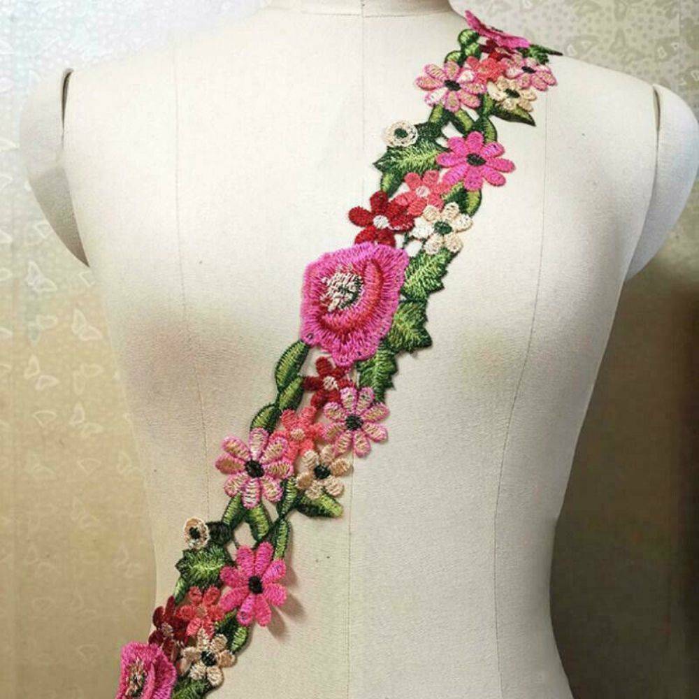 1-Yard Flower Applique Badge Embroidered Sew on Floral Collar Patch Dress Craft