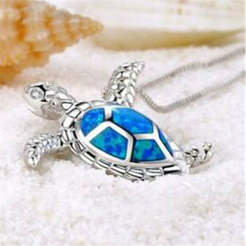 Blue Opal Sea Turtle Pendant Necklace Women Beach Chain Choker Jewellery Gift HN