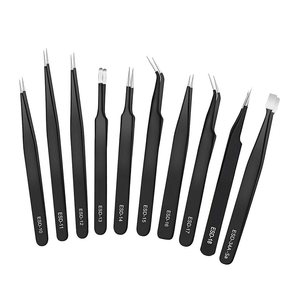 10 in 1 ESD Anti-static Tweezers Set Maintenance Repair Tools Kit with Bag