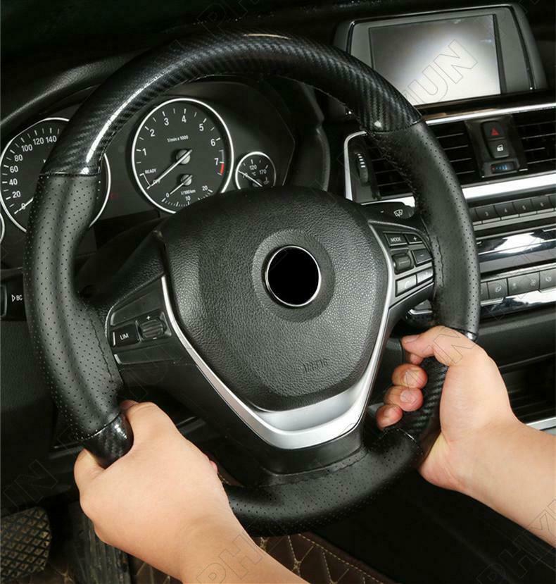 Hand Sewing Car Steering Wheel Cover Trim 38CM Carbon Fiber & Leather Universal