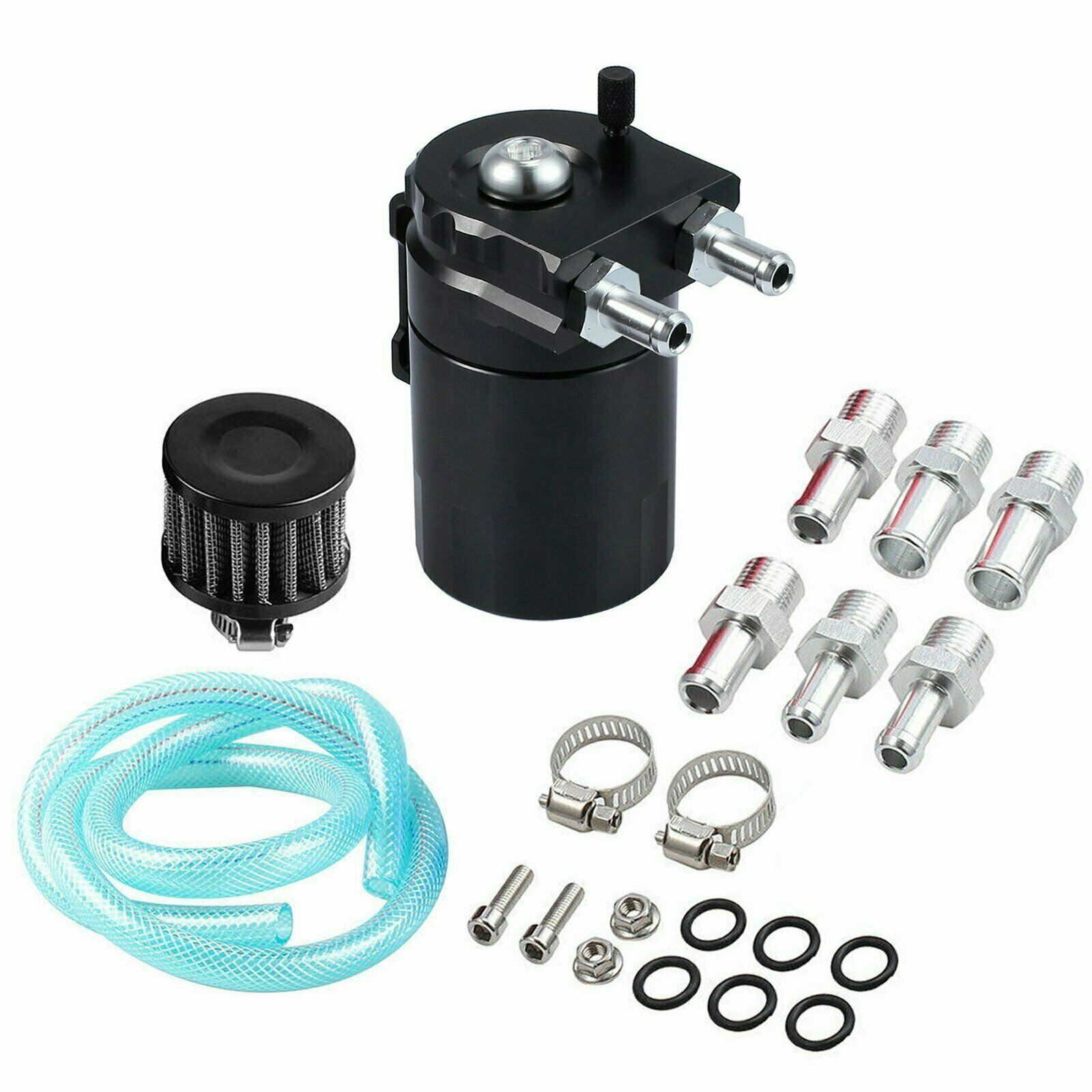 Oil Catch Reservoir Breather Can Tank +Filter Kit Cylinder Aluminum Engine Black