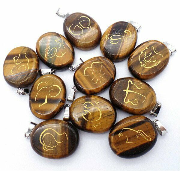 12Pcs/set 28x22x7mm Natural Tiger Eye Gem Constellation Oval Pendant Bead HH7705