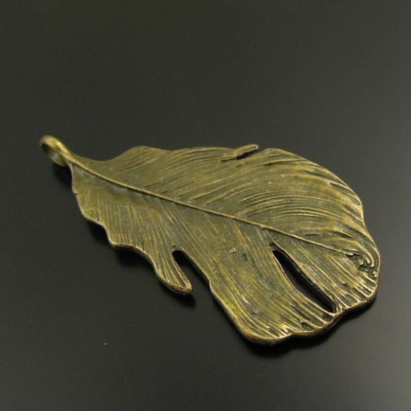 10 PCS Retro Bronze Bracelet Charm Feather Alloy Pendant Necklace Crafts 49*25mm