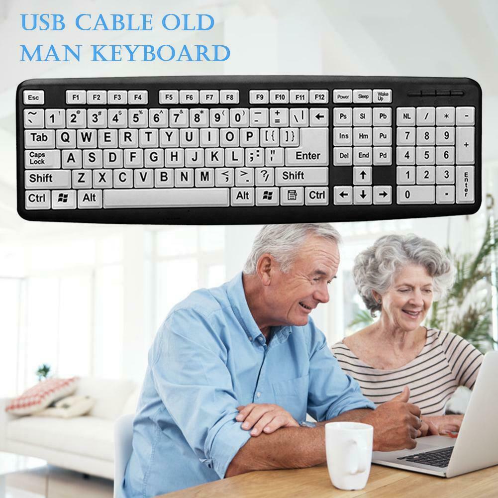107 Keys USB Wired Large Print White Keys Black Letter Keyboard for Elderly Old