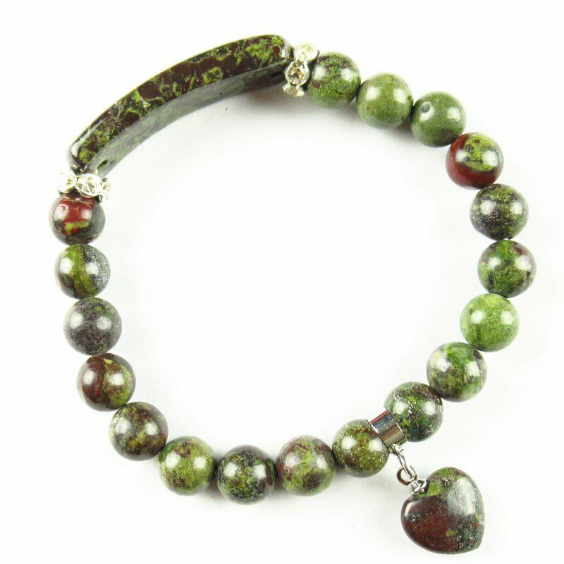Natural Dragon Bloodstone Ball Oblong Heart Rhinestone Stretchy Bracelet 7.5 "