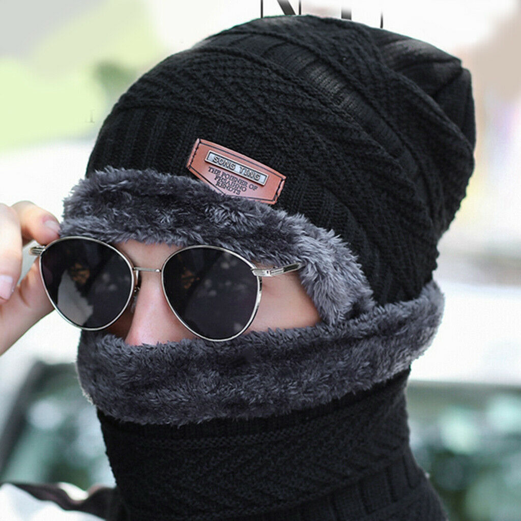 Winter Beanie Hat Soft Warm Knit Hat Thick Fleece Lined Skiing Running Black