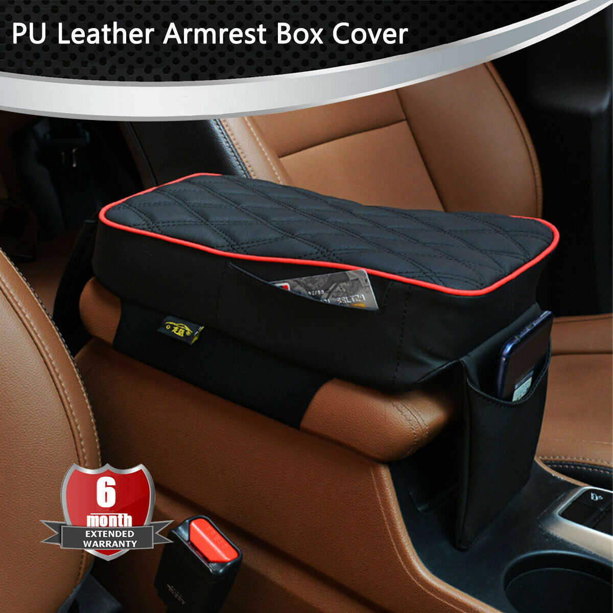 Car Armrest Cushion Box Mat Armrest Console With Phone Holder Storage Bag Black