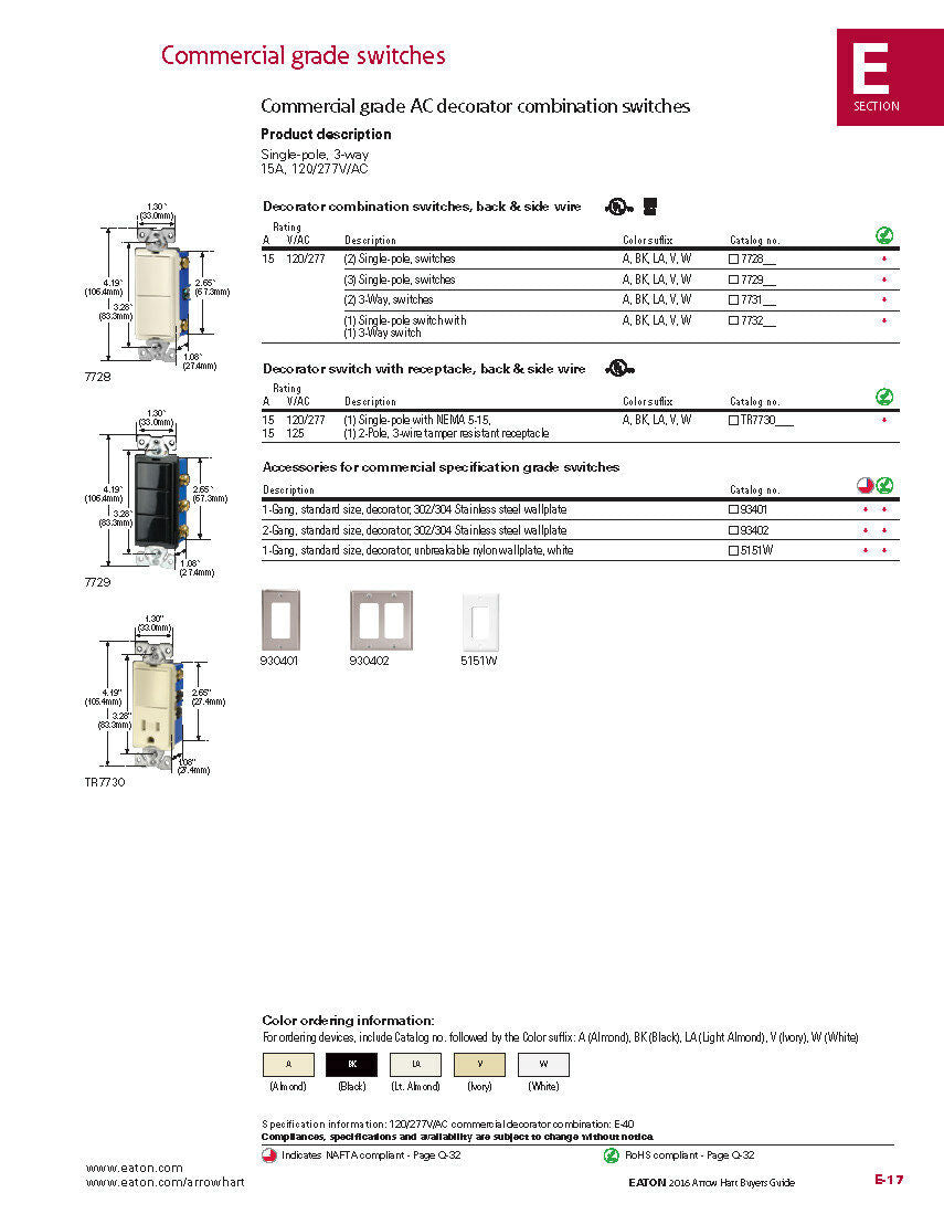 1pcs - COOPER 7731W 15A 120/277VAC 3-Way Decorator 2-Combination switches