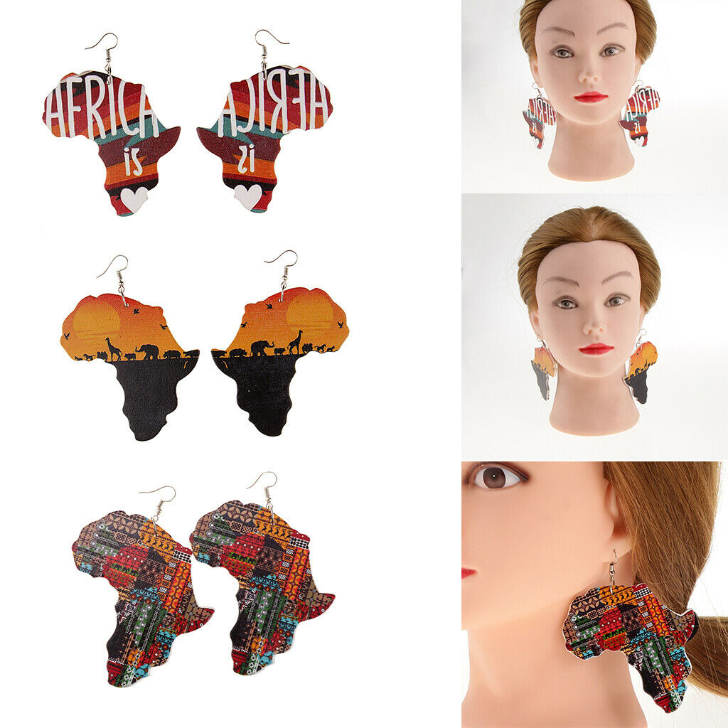 Ethnic Natural wooden African Map Tribal Club Women Dangle Earrings 3Pairs