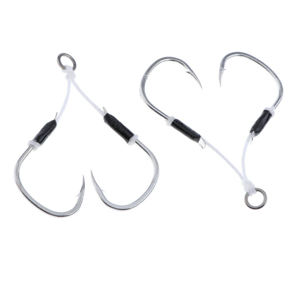 2 Pieces Carbon Steel Fishing Jig Hooks Barbed Assist Hooks with PE Line A