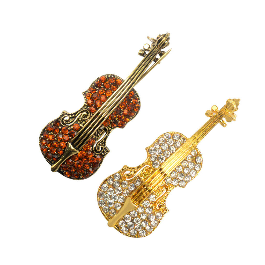 2x Women Jewelry Antqiue Violin Crystal Autumn Clothing Accessories Brooch Pin