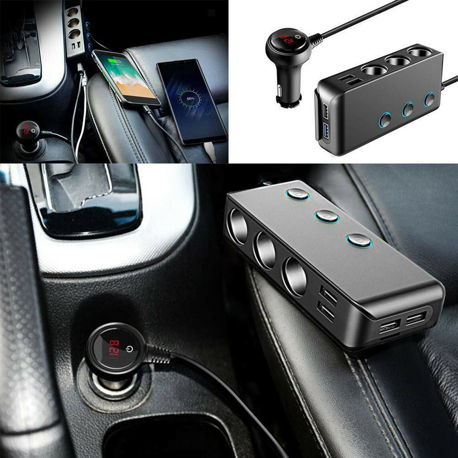 Car Charger Extension Cigarette Lighter Adapter 3-Socket Splitter Black