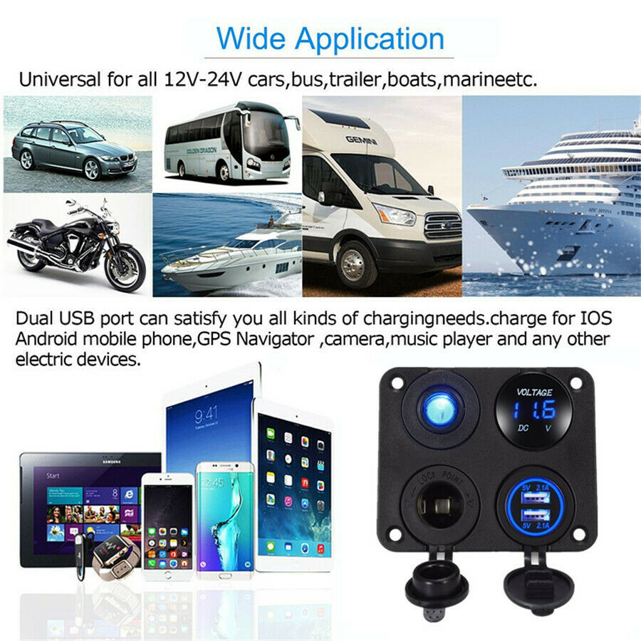 Blue LED Dual USB Car Charger+Voltmeter+12V Power Socket+On-Off Switch Panel Kit