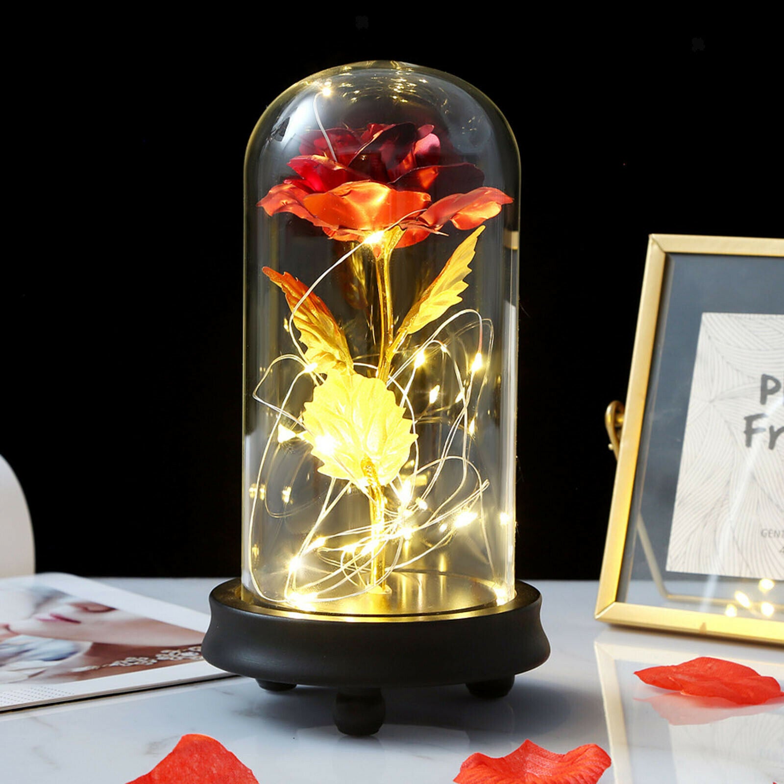 Everlasting Rose in Glass Dome Flower LED Lamp Light for Wedding Anniversary