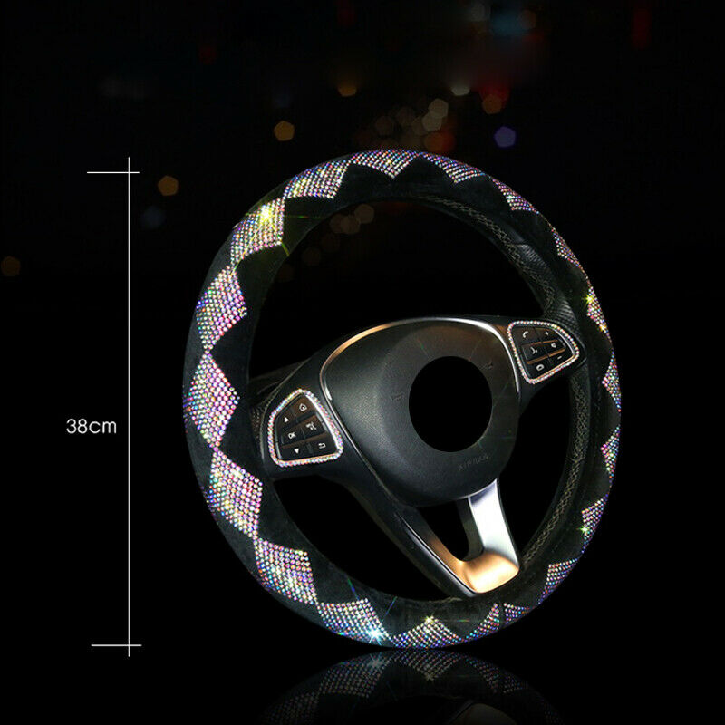 38cm 15" Car Anti Slip Suede Steering Wheel Cover w/Bling Color Diamond Auto SUV