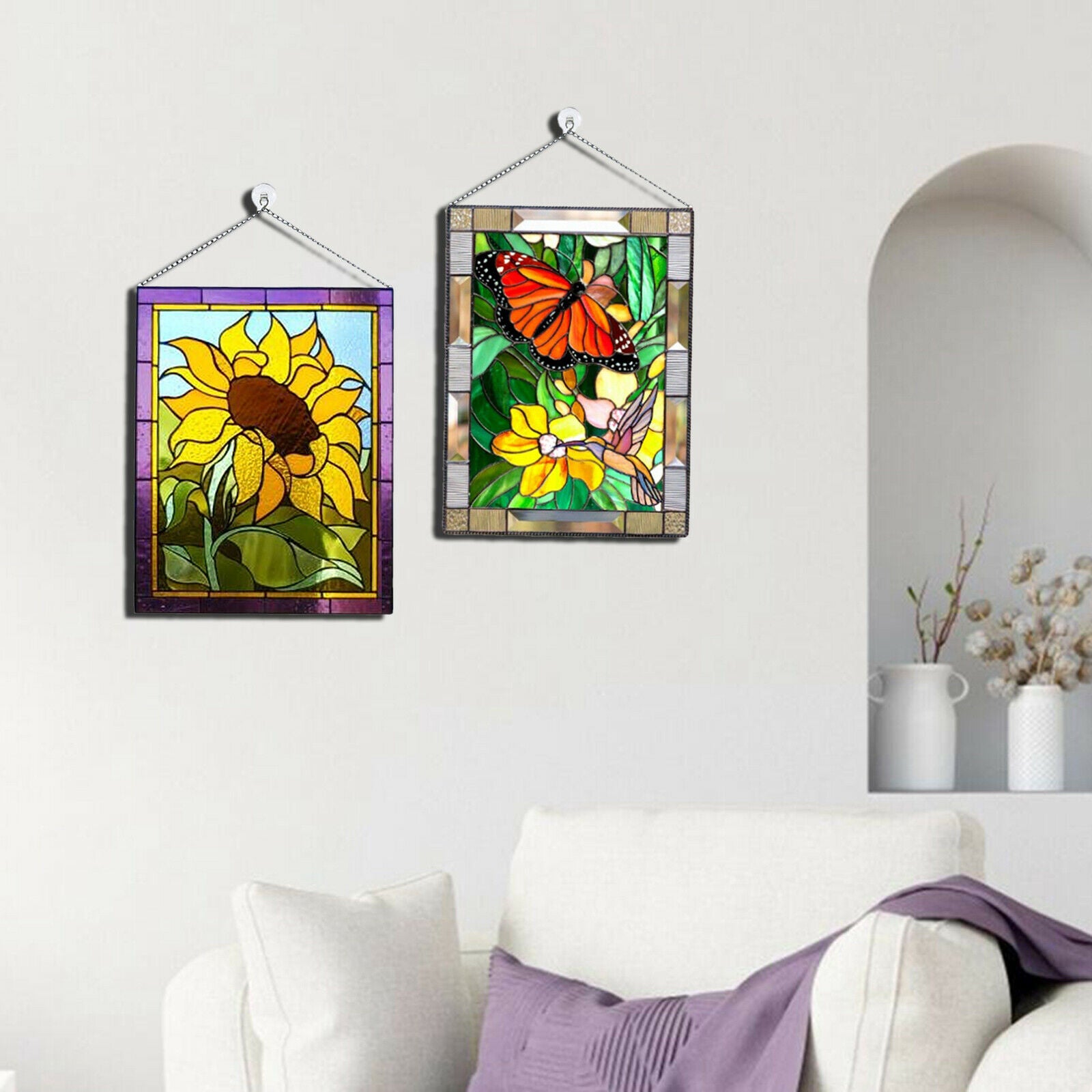 2pcs Stained Glass Rectangle Window Panel Handcrafted Pendant 8x6 Inches