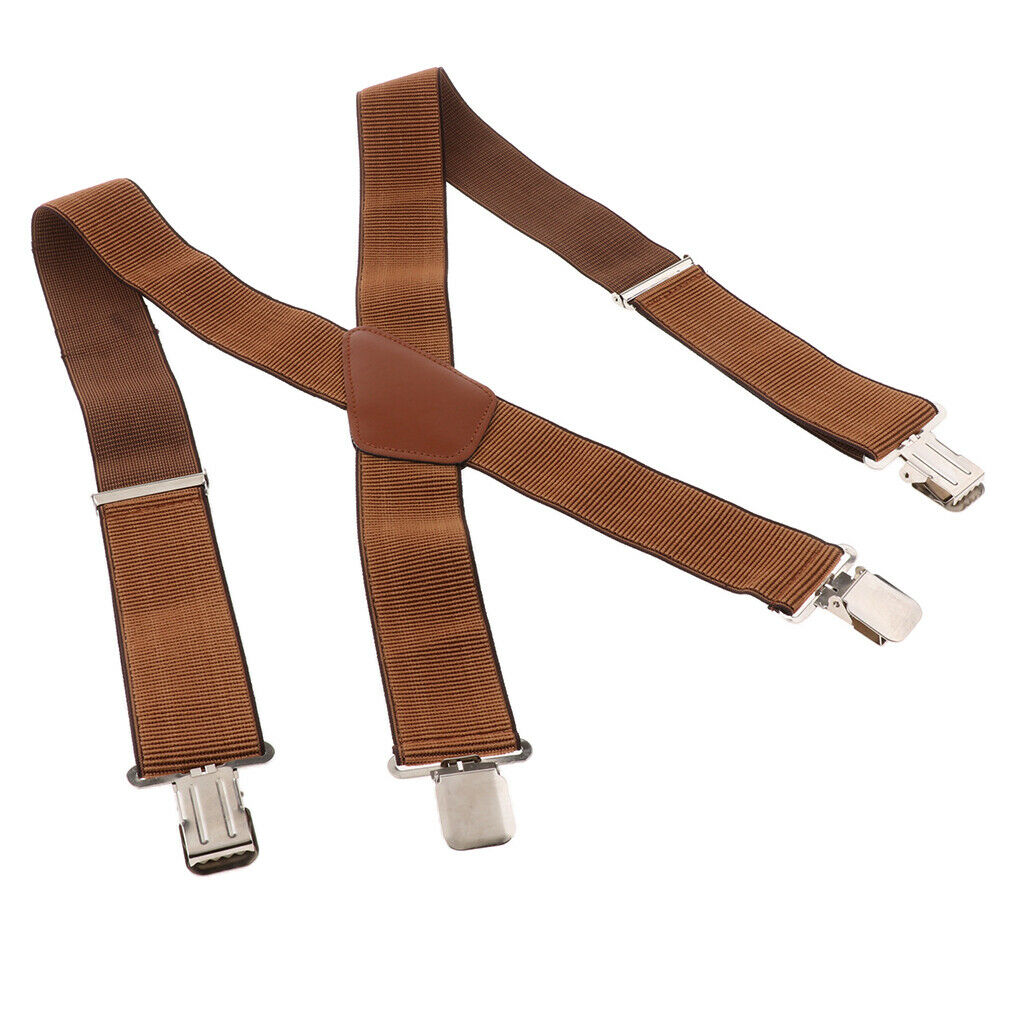 Mens Suspenders X Back Wide Elastic Adjustable Trouser Clips Braces Brown