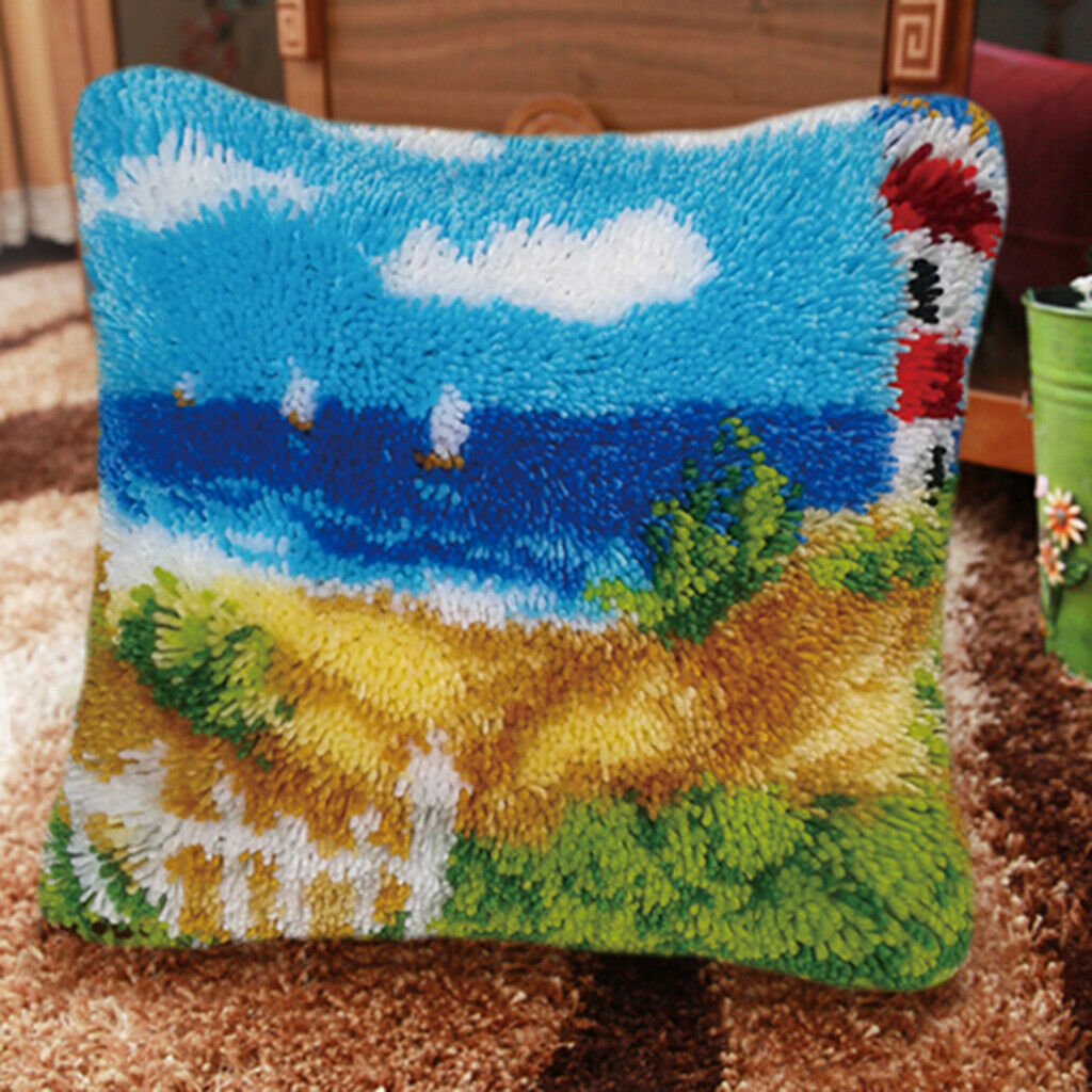 1 Set Seaside Landscape Latch Hook Kit with Basic Tools 17x17in Handicraft