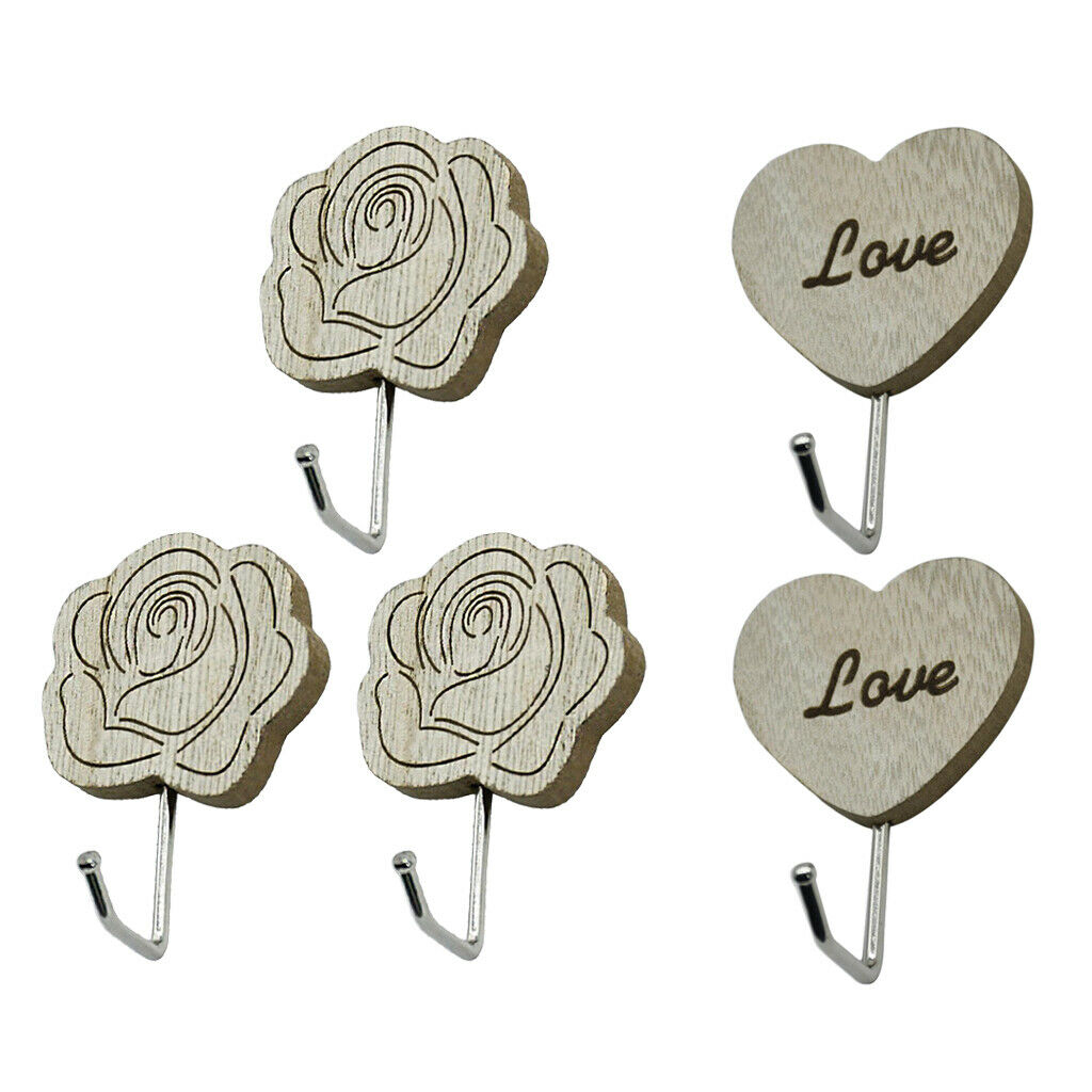 5 Pcs Retro Style Wood Wall Hanger Hook Stick on Home Coat Wall Hangers