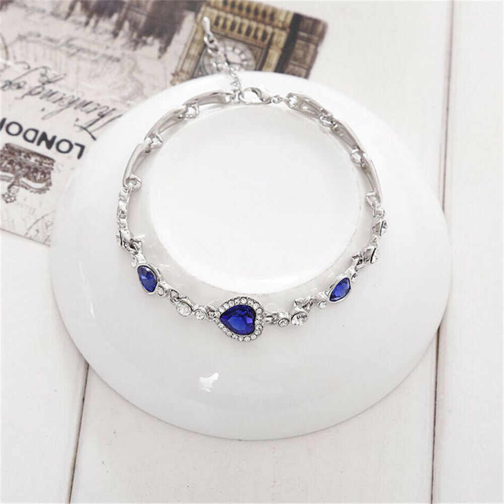 Fine Fashion Women Blue Crystal Rhinestone Heart Charm Bangle Bracelet Gift
