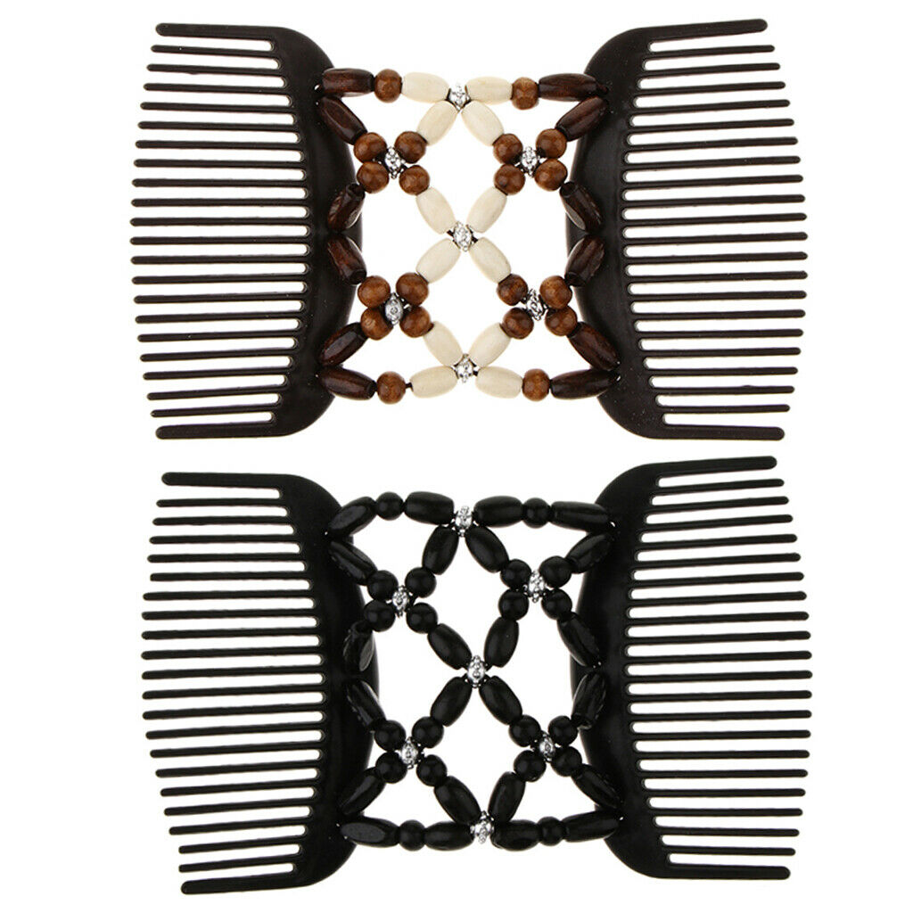 2x Wooden Beaded Double Hair Comb Clip Women Hair Stying Accessory