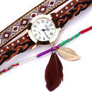 Women Dark Brown Weaving Feather Band Wristwatch Bracelet Quartz Watch