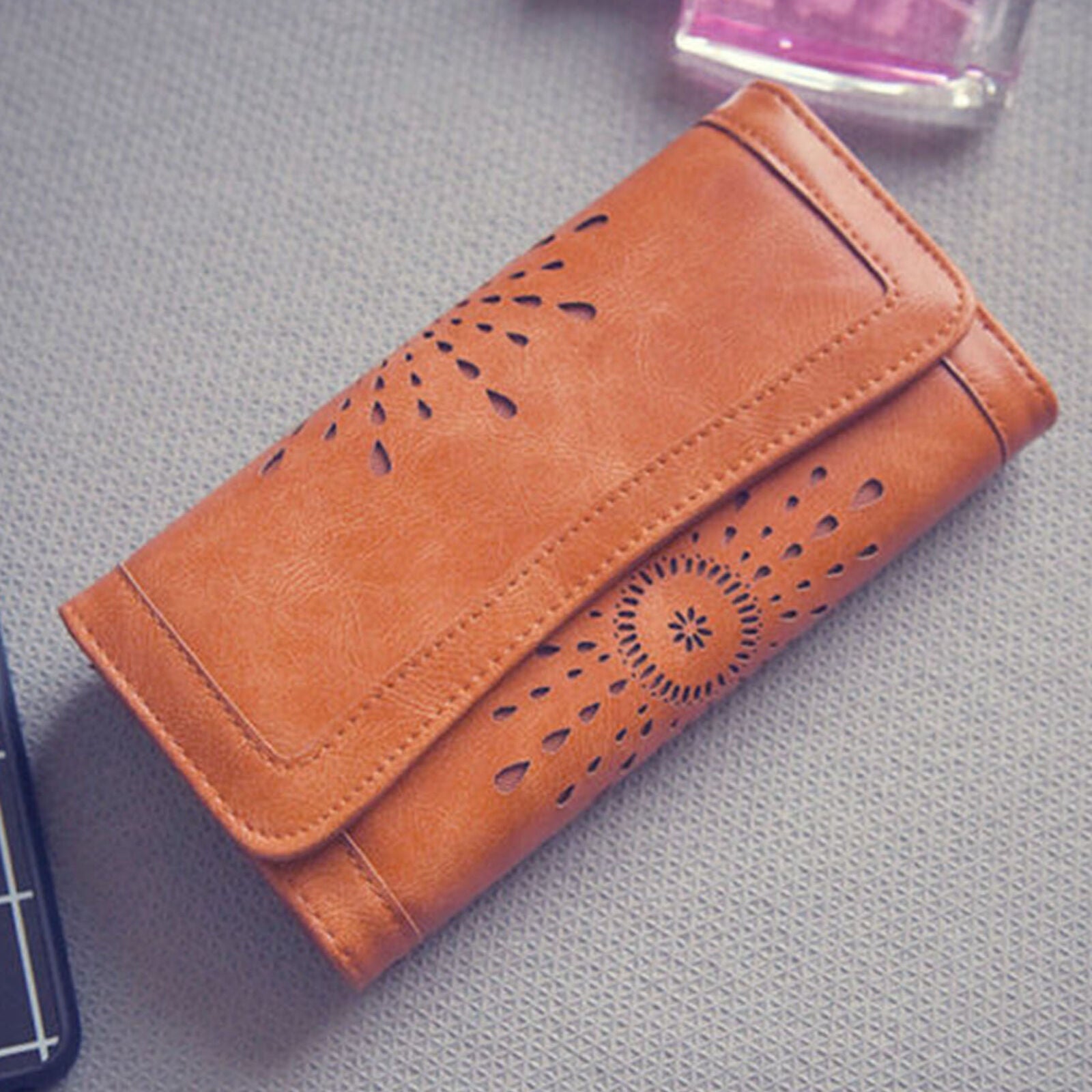Womens Hollow Out Leather Clutch Long Wallet Card Phone Holder Purse New