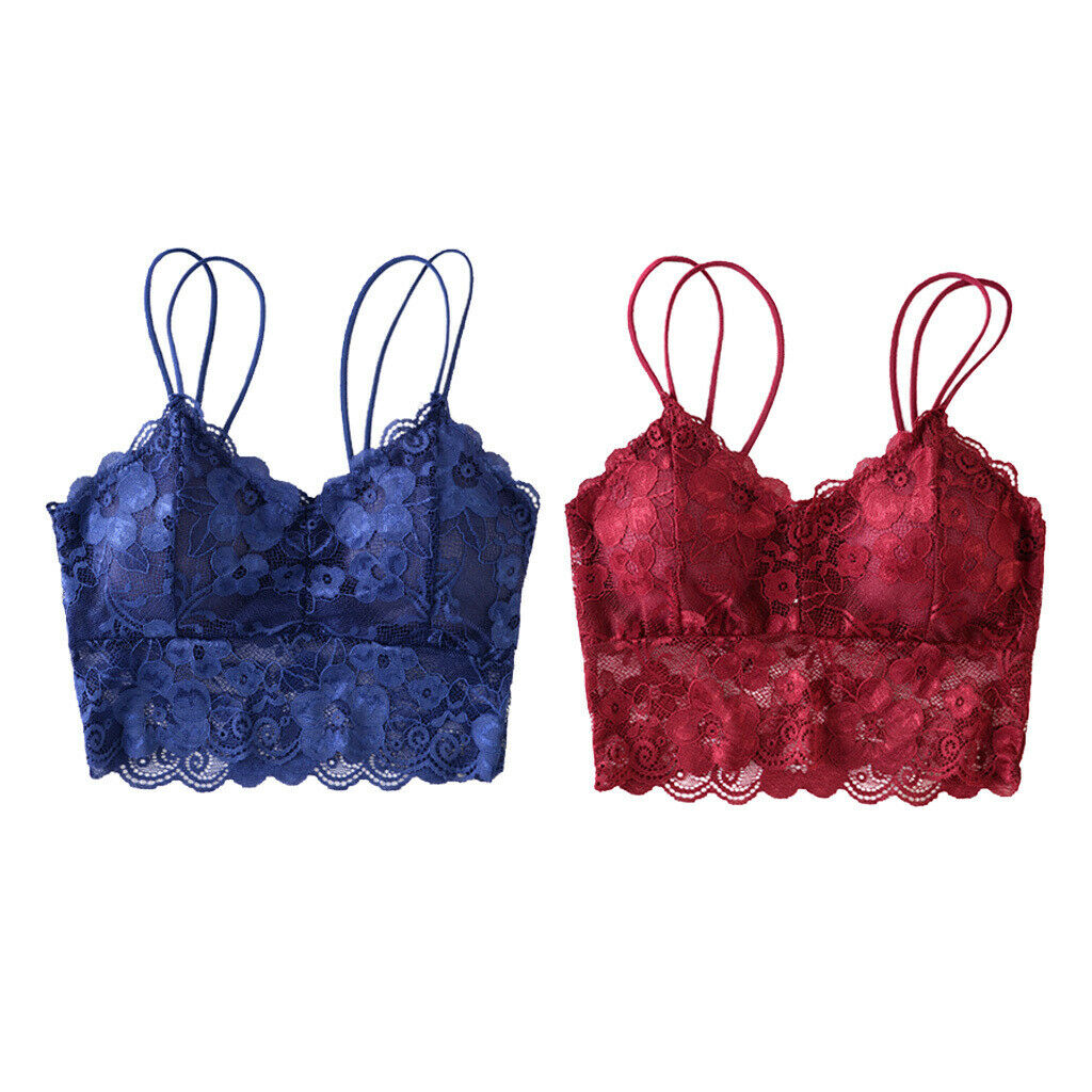 2PCS Womens Full Lace Padded Bralette Breathable Push Up Lace Bra Crop Top