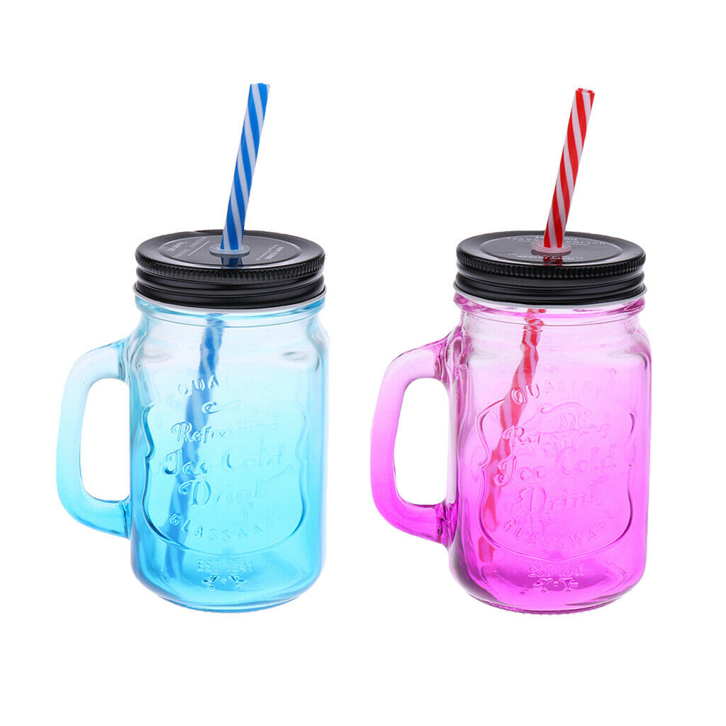 2Pcs/Set Retro Gradient Color Jars Mugs Glass w/ Handles Lids & Straws Gifts