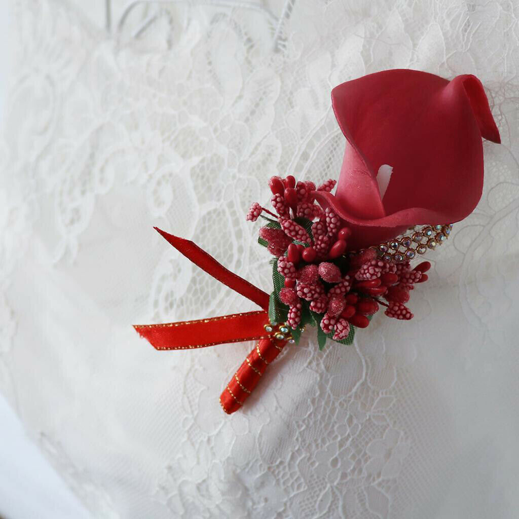 Set 2 Cute Calla Berry Rhinestone Groom Bridal Wedding Corsage Sky Blue+Red