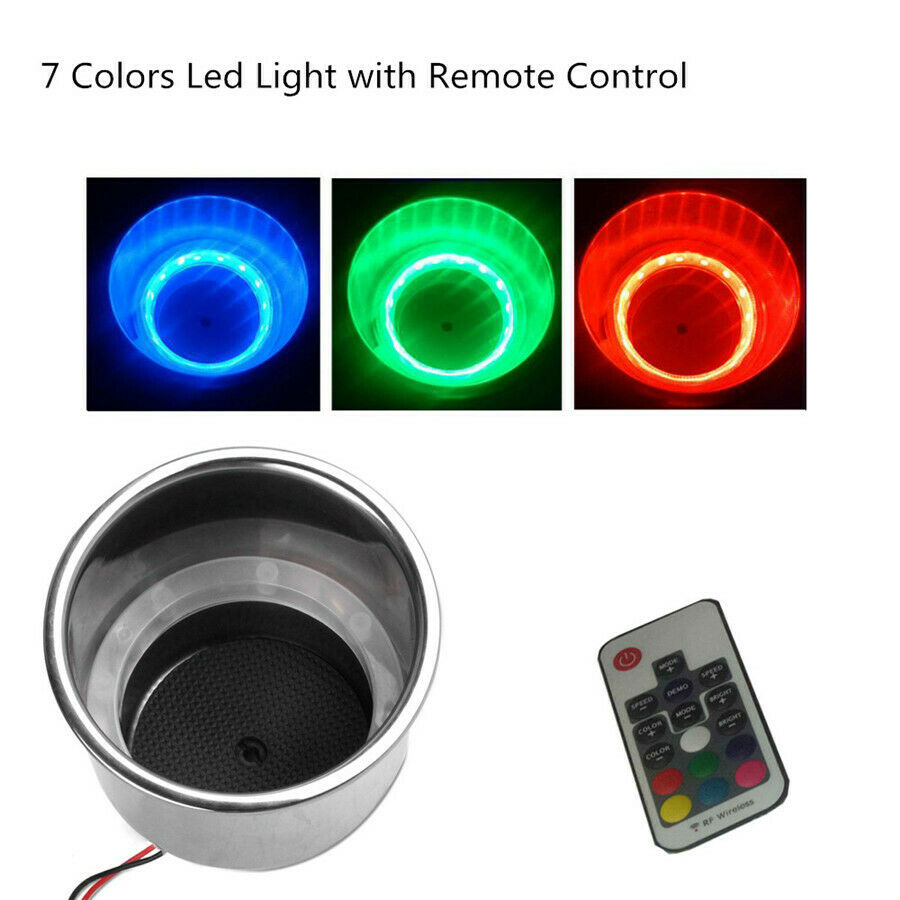 RGB 14LED Stainless Steel Cup Drink Holder + Remote Car Drain Marine Boat Truck