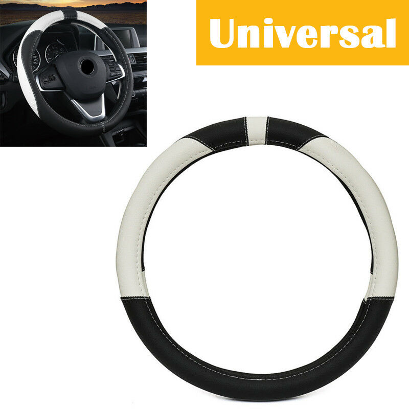 15'' 38cm PU Sport Leather Anti-Slip Car Steering Wheel Cover Black&White Pretty