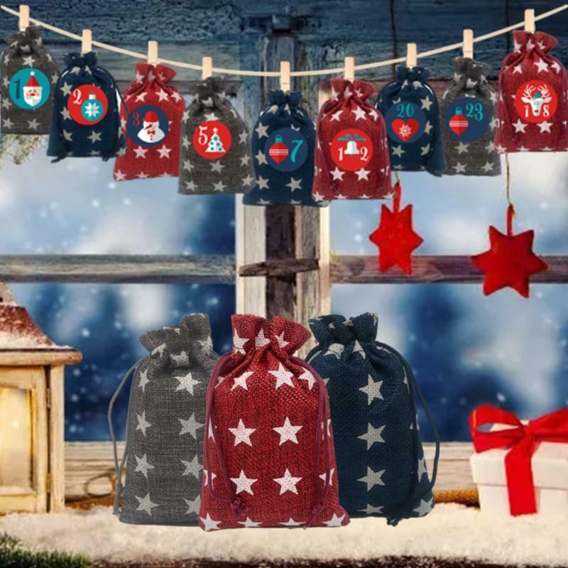 Christmas 2021 Advent Calendar 24 Days Hanging Drawstring Candy Bags w/ Stickers