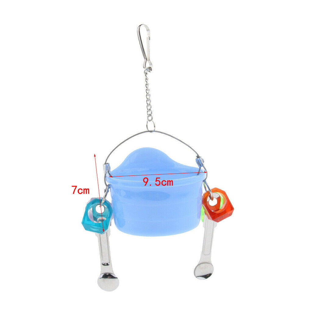 Birds Parrots Stand Hanging Plastic Food Cup Holder Swing with 2 Spoons Blue