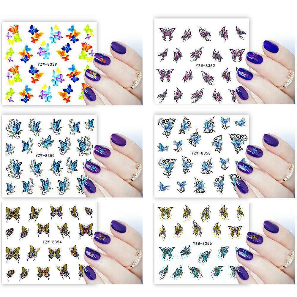 12 Sheets Flower Butterfly Nail Art Water Transfer Decals Colorful Stickers Tips