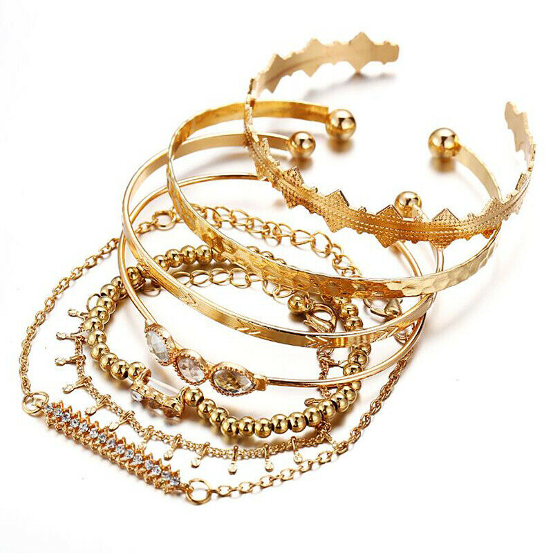 7Pcs/Set Bohemian Retro Crystal Geometry Open Bangle Bracelet Women Jewel.l8